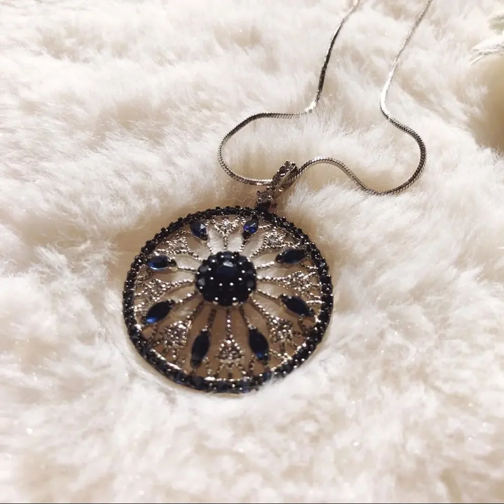 Blue and Silver Circle Flower Outline Necklace - Picture 6 of 11